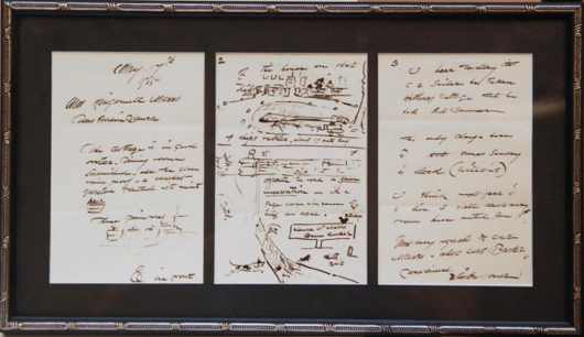 Rare autographed letter signed by iconic American painter Winslow Homer from 1909, with drawings (est. $6,000-$8,000). Elite Decorative Arts image.